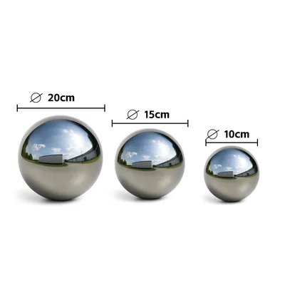 Three polished stainless steel garden spheres of different sizes are displayed on a white background, with dimensions indicated by text labels.