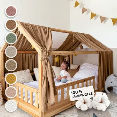 Produktbild von Hausbett Himmel Gold aus Musselin - 2er-Set für Kinderbett