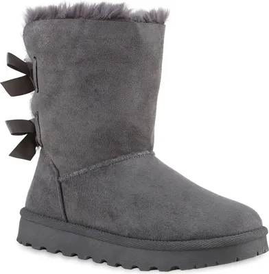 A single gray boot with bows on the back, shown from the side against a white background.