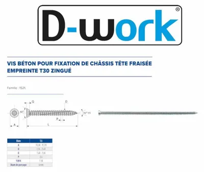 Image de 100 Vis Béton d'Ancrage Tête Fraisée Torx T30 7.5 x 252 mm - Zingué blanc - D-Work