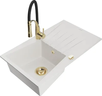 Produktbild von Mexen Cesar 1 Becken-Granitspüle mit Abtropffläche und Mischbatterie Aster, Weiß - 6514-20-73450-57-G