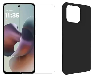 A smartphone screen protector and a black phone case are displayed side-by-side against a white background.