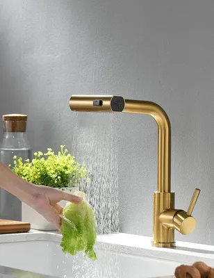 Immagine prodotto di Rubinetto da cucina orientabile a 360 gradi e a scomparsa - oro spazzolato (tubi per acqua calda e fredda non inclusi)