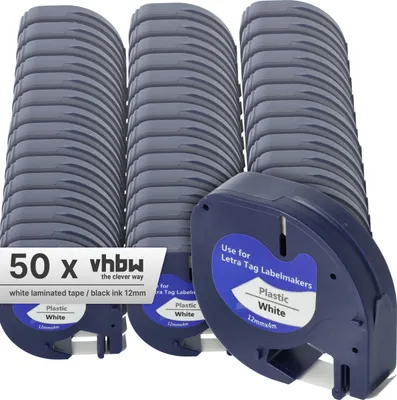 Produktbild von vhbw 50x Schriftband-Kassette Plastik kompatibel mit Dymo LetraTag LT-100H, LT-100T, QX50, XR, 200B Etiketten-Drucker 4m x 12mm Schwarz auf Weiß