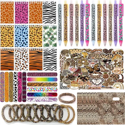 Productafbeelding van Uitdeelcadeautjes set - Luipaardprint - Mini notitieboekjes - Pennen - Klaparmbanden - Haarelastiekjes - Stickers - Kinderfeest