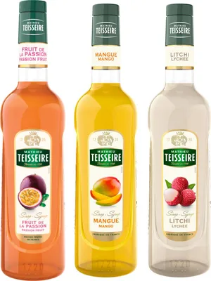 Image de Teisseire Sirops exotiques - Fruits de la passion, mangue, litchi - 2x70cl et 1x1l