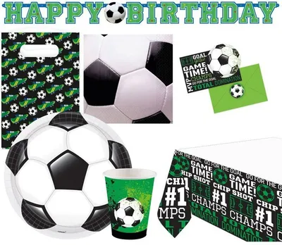 Produktbild von Amscan Fußball Partyset 50-teilig aus Papier, Teller 23 cm, Becher 250 ml, Servietten 33x33 cm