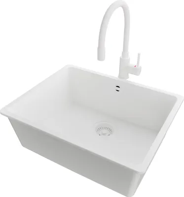 Produktbild von PRIMAGRAN Unterbauspüle Granit Alles Weiß 56x44cm, Spülbecken 1 Becken + Küchenarmatur 38x14cm + Ablauf-Set, Granitspüle ab 60er Unterschrank - Venedig Easy