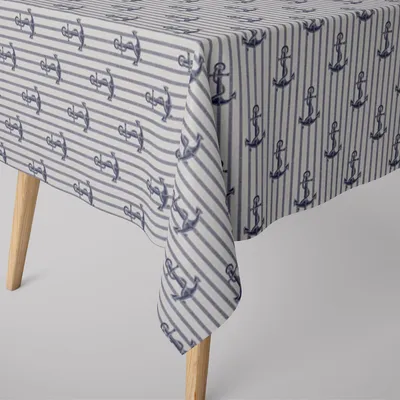 Produktbild von SCHÖNER LEBEN. Tischdecke Digitaldr. Maritim Anker Streifen weiß blau Größe 90x90cm