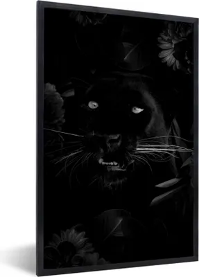 Produktbild von MuchoWow® Gerahmtes Poster Botanischer Panther vor schwarzem Hintergrund - schwarz und weiß 60x90 cm - Poster mit Schwarzem Bilderrahmen Wandposter Rahmen Foto Bilder - Kunst