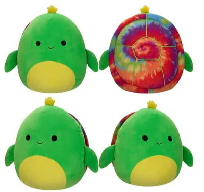 A collage of four images showing a plush turtle toy from different angles.
