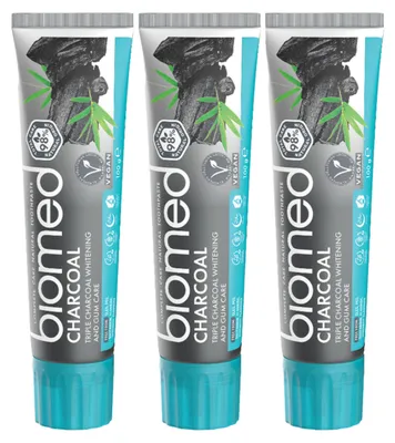 Zdjęcie produktu dla BIOMED – Pasta do zębów – Charcoal – Wygodne opakowanie 3 szt. – Wybielająca – Bez fluoru – Z aktywnym węglem