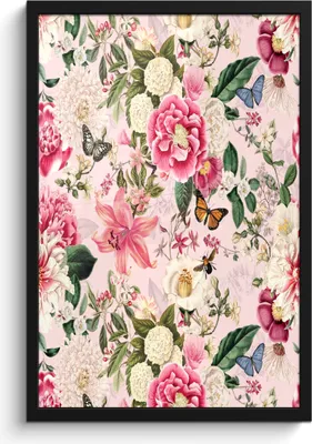 Produktbild von MuchoWow® MuchoWow® Gerahmtes Poster Blumen - Schmetterlinge - Hortensie 40x60 cm - Poster mit zchwarzem Bilderrahmen - Papierdruck - Wandbilder