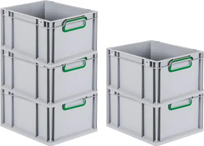 Produktbild von SparSet 5x Eurobox NextGen Color | HxBxT 22x30x40cm | 20 Liter | Griffe grün geschlossen | Glatter Boden | Grau | Eurobehälter, Transportbox, Transportbehälter, Stapelbehälter