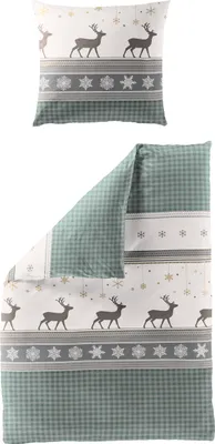 Produktbild von Bierbaum Biber Bettwäsche 155x220 Hirsch Karo Sterne jade beige braun 4036-30