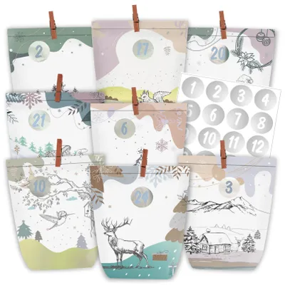 Adventskalender zum Befüllen, 24 Papiertüten mit Zahlenaufklebern