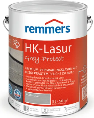 Obrázok produktu pre Remmers HK-Lasur 3v1 Grey-Protect platinum grey, 5 litrov, lazúra na drevo v exteriéri, 3 prípravky na ochranu dreva v jednom, ochrana proti vlhkosti a UV žiareniu