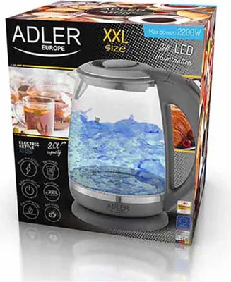 Zdjęcie produktu dla Adler AD 1286, 2 l, 2200 W, Szary, Przezroczysty, Szkło, Wskaźnik poziomu wody