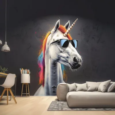 Zdjęcie produktu dla Naklejka ścienna Decords – fotorealistyczne graffiti przedstawiające jednorożca w okularach przeciwsłonecznych, 240 cm