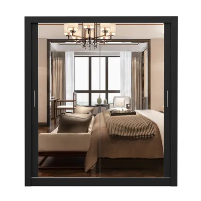 Produktbild von Schwebetürenschrank Kleiderschrank Schrank 180cm Schwarz/Schwarz mit zwei Spiegeln MILAN