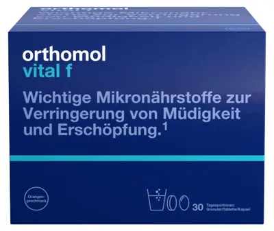 Produktbild von Orthomol Vital f für Frauen - bei Müdigkeit - mit B-Vitaminen, Omega-3-Fettsäuren und Magnesium - Orangen-Geschmack - Granulat/Tabletten/Kapseln, 30 St. Tagesportionen