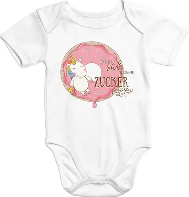 Produktbild von Baby Body Einhorn auf Donut Ich bin so süß ich könnte Zucker pupsen kurzarm Baumwolle Moonworks®  0-3 Monate