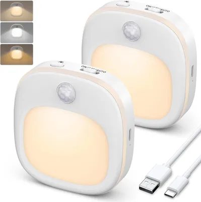 Immagine prodotto di Luce notturna a LED con sensore di movimento - [2 pezzi]. Lampada notturna ricaricabile per bambini con 3 modalità di temperatura colore - Dimmeraggio continuo da 15% a 100%