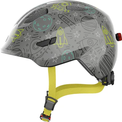 Produktbild von ABUS Kinderhelm Smiley 3.0 LED - Fahrradhelm mit Licht - tiefe Passform & Platz für einen Zopf - für Mädchen und Jungs - Grau mit Weltall-Muster, Größe S (45-50 cm)