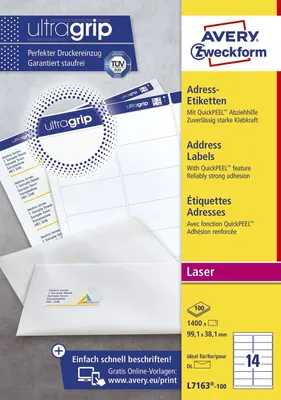 Image de Avery Zweckform L7163-100 Étiquettes d'adresse, 99,1 x 38,1 mm, 100 feuilles/1 400 étiquettes, blanc