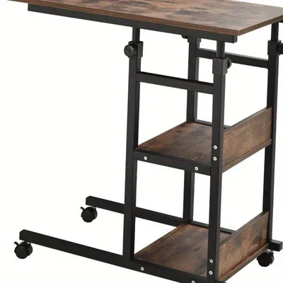 Image de Table d'appoint sur roulettes, avec hauteur réglable, structure métallique et deux étagères, de couleur marron