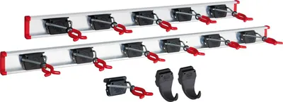 Produktbild von Bruns Gerätehalter 100 cm und 75 cm Schiene mit 12 Halter und 2 Haken - Gartengerätehalter, Besenhalterung Wandhalterung Spannbereich 0-50mm, schwarz/rot