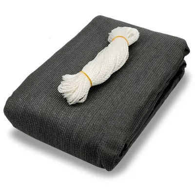 A folded gray fabric product with a bundle of white rope on top, set against a white background.