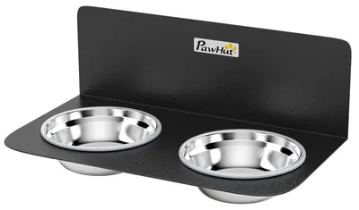 Produktbild von Wand-Futternapf mit 2 Edelstahlnäpfen, Hundenapf höhenverstellbar, Wandmontage-Napfhalter, Schwarz | Edelstahl | 2 x 800 ml | 42 x 23,5 x 14 cm