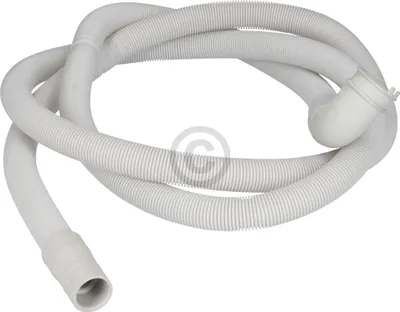 A white corrugated drain hose for a dishwasher, coiled on a white background.