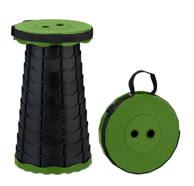 Immagine prodotto di Sgabello telescopico Relaxdays, pieghevole, con tracolla, per esterni, sgabello da campeggio regolabile in altezza, dimensioni 44,5 x 25 x 25 cm, verde/nero