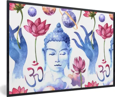 Produktbild von MuchoWow® MuchoWow® Gerahmtes Poster Buddha - Muster - Blumen 60x40 cm - Poster mit zchwarzem Bilderrahmen - Printing - Wanddeko Schlafzimmer