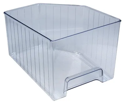 A clear plastic storage drawer with ribbed texture on the inside bottom and vertical lines on the outside.