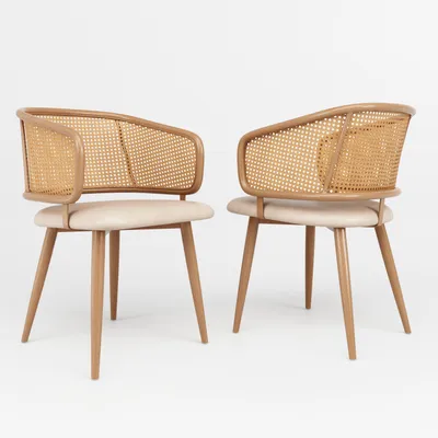 Image de 2 chaises de salle à manger, chaises avec dossier en rotin, coussin de siège en cuir PU, confortables et respirantes, style moderne et épuré, adaptées aux restaurants, aux salons et aux cafés. Couleur : beige et marron