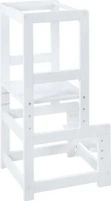 A white wooden learning tower for children, shown from the front.