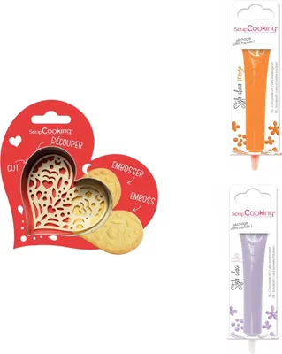 Produktbild von Herz-Relief-Plätzchen-Set + 2 orangefarbene und fliederfarbene Schokoladenstifte