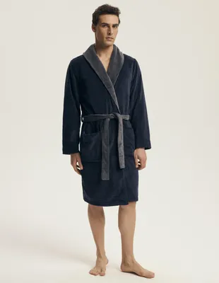 Immagine prodotto di Accappatoio/vestaglia da bagno elegante e morbida per uomo, con colletto rifinito e cintura, colore blu scuro/grigio, taglia L