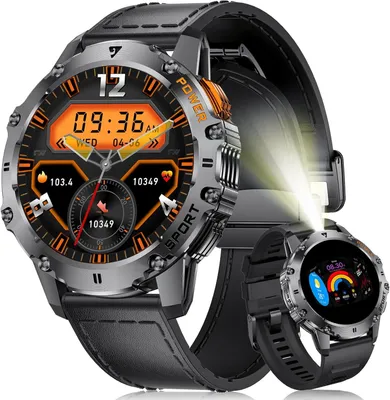 Produktbild von Smartwatch Herren mit Telefonfunktion, 1,43" AMOLED Fitness Tracker, LED-Taschenlampe, Herzfrequenz/Schlafmonitor, 110+ Sportmodi, IP68, Leder