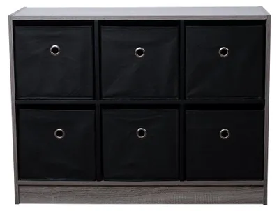 Immagine prodotto di Regal, in legno, nero grigio, con 6 scomparti + contenitori in tessuto, larghezza 80 cm