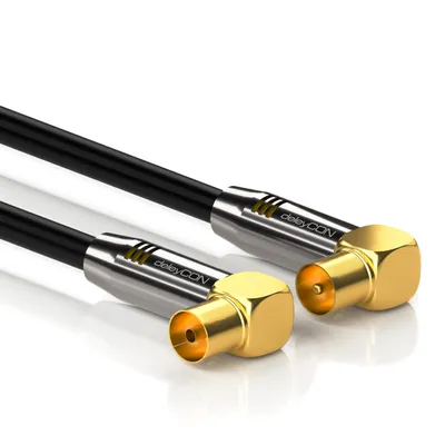 Produktbild von deleyCON 7,5m TV Antennenkabel HDTV Full HD - 2x gewinkelt - Koaxialkabel - TV-Stecker (90° Grad) zu TV-Buchse (90° Grad) - Metallstecker - Schwarz