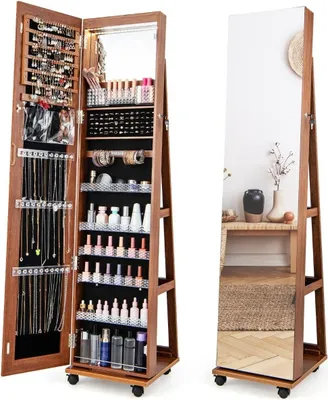 Image de Armoire à bijoux verrouillable avec miroir de maquillage intégré, étagères réglables et espace de rangement marron