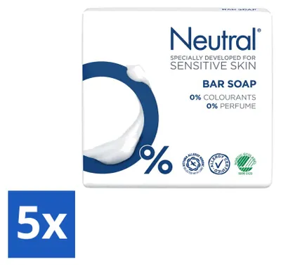Imagen del producto de 5 jabones neutros sin perfume, 100 g cada uno, pack de 5 unidades