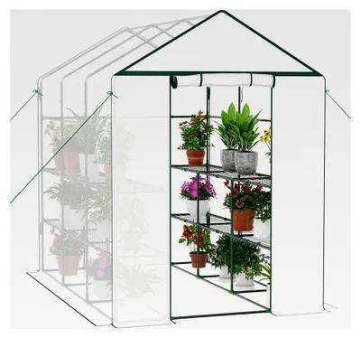 Produktbild von Foliengewächshaus mit Aufrollbarer Tür, Tomatengewächshaus 143x195x213 cm, 4 Regale, Winterfest PE-Gitterfolie, Gartenhaus für Pflanzen, Gemüse, Blumen, Weiß