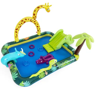 Produktbild von COSTWAY Dschungeltiere Planschbecken mit Sprinkler, Rutsche & Wurfspiel, Aufblasbares Wasserspielcenter, Wasserpark für Kinder 2+ 208x178x138cm