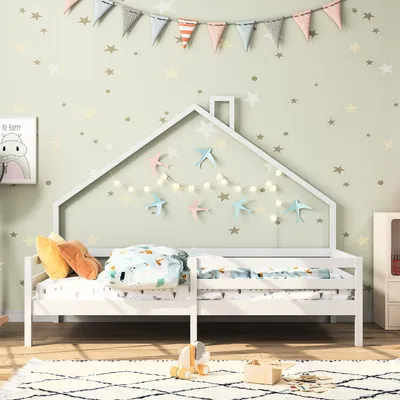 Obrázok produktu pre Detská posteľ ProximaX 90x200 cm s komínom a lamelovým roštom, jednolôžko so strešným rámom z borovicového dreva pre chlapcov a dievčatá, posteľ do detskej izby, biela