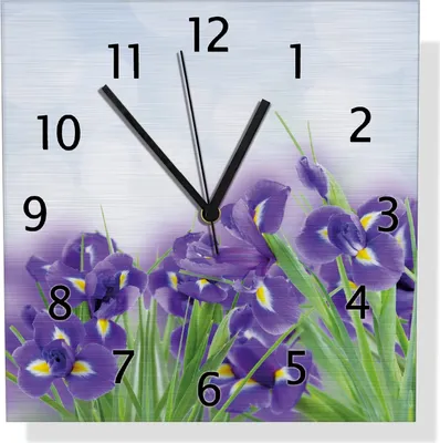 Produktbild von Wallario Design Wanduhr Abstrakte blaue Schwertlilien in Nahaufnahme aus Aluverbund, Größe 30 x 30 cm